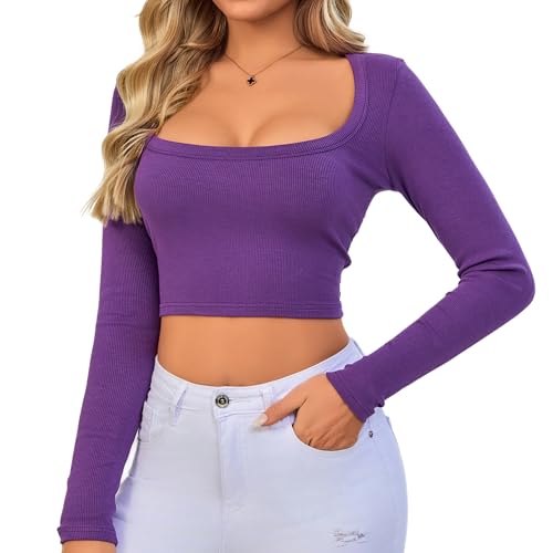 トップス amozon Purple Long Sleeve Crop Tops for Women Modal Ribbed Long Sleeve T
